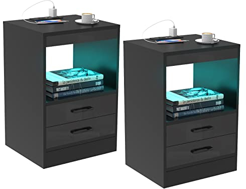 Lvhecforhm 2er Set Nachttisch, mit Steckdosen und USB-Anschlüsse, LED Licht 16Farben Beleuchtung, Schwarz Ladestationm, Beistelltisch Schublade Fächern, 40x35x60cm