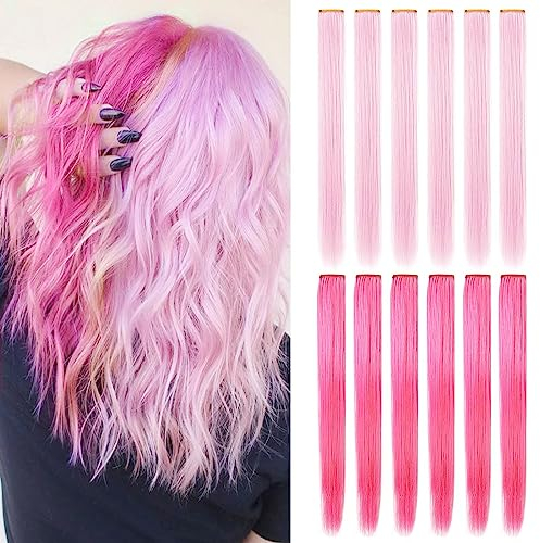 IAMERUI Mehrfarbige Haarverlängerungen Party Highlights Gerade Clip in/auf gefärbtem Haar Strähne Synthetik Haarteile (Hellrosa+Rosa)