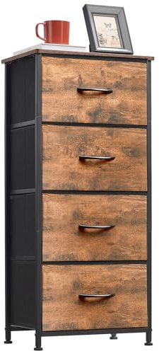 Somdot Kommode mit 4 Schubladen aus Stoff, Sideboard mit Holzplatte, Schrank für Wohnzimmer Kinderzimmer Flur, Komodenschrank, Küchenschrank, Schlafzimmerschrank, Holzmaserung