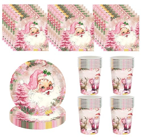 Christmas Party Pink Tableware Set Decor,20 Napkins 16 Cups 16 Plates,Pink Santa Claus Disposable Paper Dinnerware Christmas Decorations for Him,Her,Adults Parties,Kids Xmas Party Favor Tableware