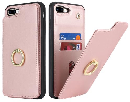 Cavor Phone Case compatible with iPhone 7 Plus/8 Plus Case With Card Holder,Flip Folio Leather Wallet Case,Ring Kickstand Shockproof Cover compatible with iPhone 7 Plus/8 Plus - Rose gold