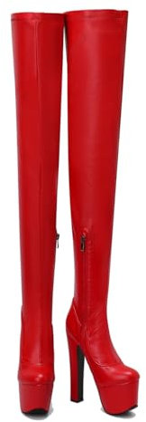 ENWIND Damen Plateau Overknee Stiefel Warme Winter Lange Stiefel Mit Stämmiger Absatz Seitlichem Reißverschluss Oberschenkel Hohe Stiefel,Rot,46 EU