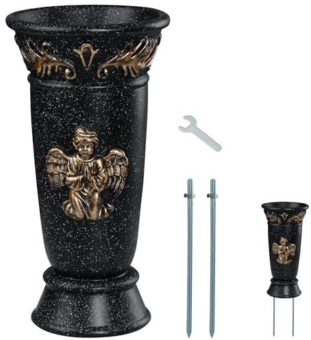 Vaso commemorativo per cimitero, vasi da fiori in resina con punte e fori di drenaggio per tombe, fiori di lapide, fiori per cimitero, decorazioni commemorative per tombe (1, nero)