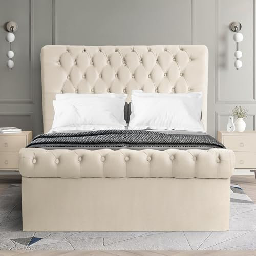 Blisswood Small Double Ottoman Bed Frame with Storage, 4ft Upholstered Gas Lift Bed Base, Side Opening Design with Wooden Slats, Beige Velvet Frame for Compact Bedrooms (Beige, No Mattress Included)