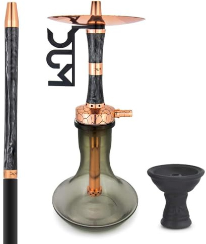 DUM Kazan Chicha Complète en Acier Inoxydable Rose Doré avec Foyer en Céramique, Vase en Verre, Diffuseur Amovible et Tuyau en Silicone Soft-Touch - Système de Purge 360°