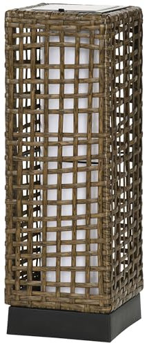 Outsunny Lampada da Giardino con Pannello di Ricarica Superiore, Lampadina Solare da Esterno in Acciaio e Rattan, 15.5x15.5x46 cm, Nero e Marrone