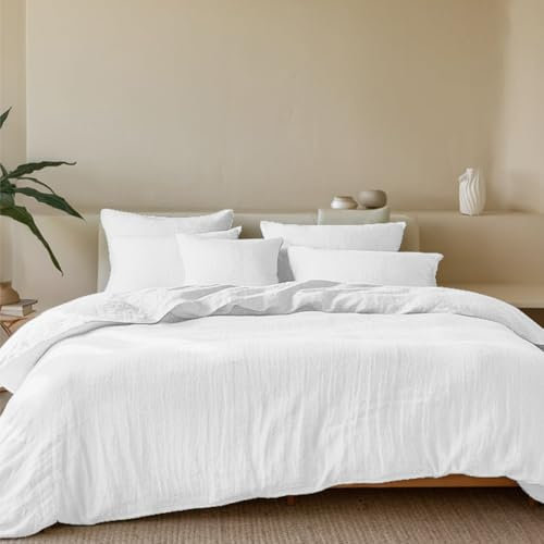 Dreamzie Musselin Bettwäsche 200x200 Baumwolle, Bettwäsche-Sets 1er Bettbezug mit 2 Kissenbezüge 80x80 cm, Oeko-Tex Bettwäsche Weiß mit Reißverschluss