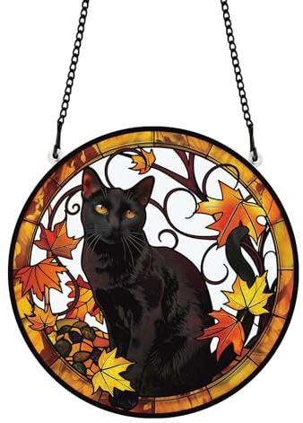 PLIGREAT Halloween Sonnenfänger Schwarze Katze Acryl Buntglas Fensterbehänge Ahorn Blätter Garten Wandbehang Ornamente für Schlafzimmer Wohnzimmer Fenster Dekoration Wandkunst Halloween Herbst Dekor