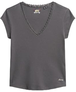 Superdry Damen Athletic Essentials Oberteil mit Spitzenbesatz und V-Ausschnitt Dunkles Schiefergrau 42-44
