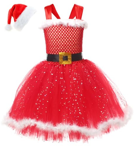 Vestito da Babbo Natale Bambina Paillettes Glitter Peloso Vestito Danza Classica Ballerina Costume Natalizio Abito da Ballo Jazz Samba Rumba Latino Performance Costume di Natale Regalo Natale 2024