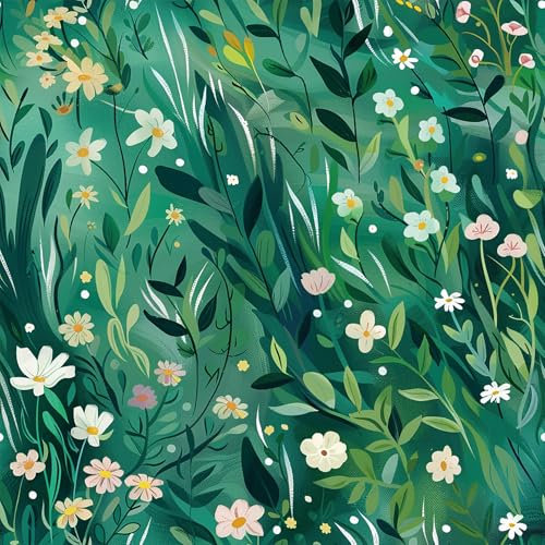 Self-Adhesive Wallpaper Flowers Bushes Anime Style Peel and Stick Contact Paper, 44X300CM，Green Background Removable Decorative Film for Cabinet Furniture
