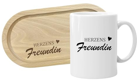 Herzensfreundin Geschenkset, Keramiktasse 330ml mit Löffel und Holz-Serviertablett 25x13cm, Geschenk für die beste Freundin (Tasse weiß + Serviertablett)