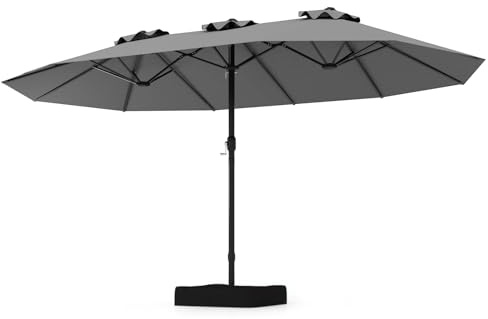 GYMAX Ombrellone Doppio da Giardino con Base, 470 x 285 cm, Ombrellone Rettangolare con Manovella, Facile da Aprire e Chiudere, 2 Sacchi di Sabbia per Stabilità, Ideale per Piscina e Terrazzo (Grigio)