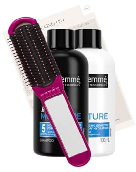 Mini Travel Essentials Shampoo und Conditioner Reise-Set für Frauen – reichhaltiges Feuchtigkeits-Shampoo 100 ml & Conditioner 100 ml, Faltbürste mit Spiegel und Reisepackliste