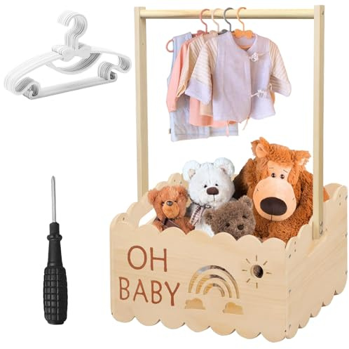 Holz Baby Geschenk Korb, 34x23x51cm Babykorb Geschenk mit Griff, Holzkiste für Babyparty mit Griff und 8 Kleiderbügel, Kleiderschrank für Geburtstage Babypartys Weihnachten Neue Eltern