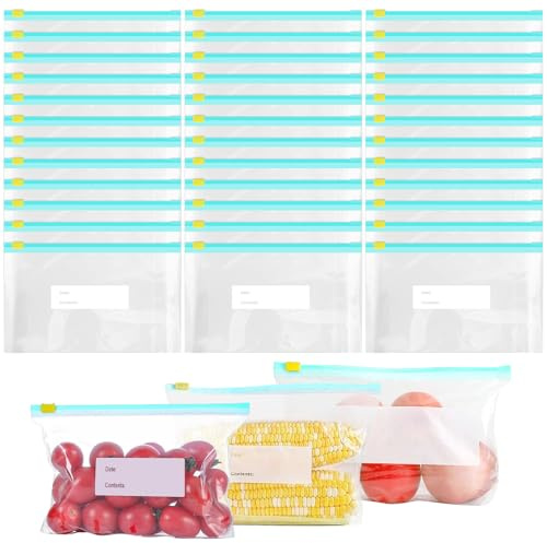 TOPBELIEF 60 Stück Gefrierbeutel, Zip Beutel, Aufbewahrungsbeutel Lebensmittel, Gefrierbeutel Wiederverwendbar, Sandwichbeutel, 1L Frischhaltebeutel für Fleisch, Obst, Gemüse, Snacks