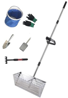 KiBcsLic Rastrillo de Arena de Playa, rastrillo de Acero al Carbono para pulgas de Arena, colador de Arena con Cesta Trapezoidal Plegable para Conchas de mar, pulgas de Arena, cangrejos, Plateado Set