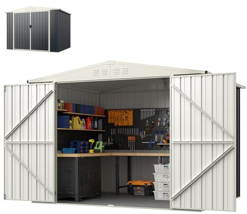 HOMASIS Casetta da Giardino in Metallo, Porta Attrezzi con 2 Porte, Finestra di Ventilazione e Tetto a Due Falde, Spazio di 7,5 m³, Capanno da Giardino con Serratura, 246 x 193 x 180 cm, Grigio