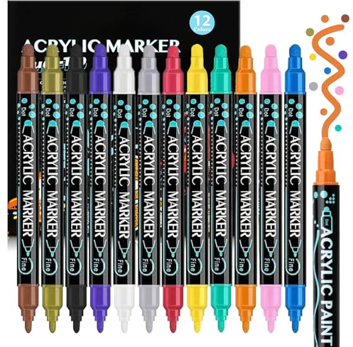 Rnigra Acrylic Paint Pens 12 Colors, Acrylic Markers Dual Tip (Fine 1mm + Dot 5mm), Rock Painting Pens, Acrylic Paint Pens for Rock Painting, for Fabric, Canvas, Rock, Paper, Diy, Glass, Wood