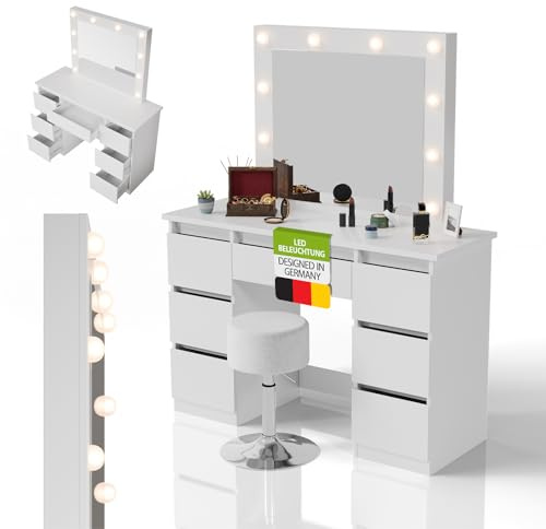 Juskys Schminktisch Talea mit LED-Spiegel und Hocker Tonia, 7 Schubladen, individuelle Lichteinstellung, viel Stauraum, modernes Design, kompakt & pflegeleicht — Weiß