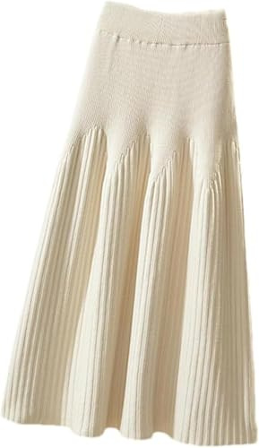 Damen Verdickter Strickrock Mittellang A Linie Plissee Strickpullover Langer Wollrock Herbst Winter, Beige, One Size