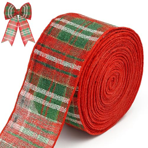 Binlava Rot Grün Schleifenband Weihnachten, 6CM Breit Weihnachtsband mit Draht Juteband, 10M Weihnachten Juteband, Geschenkband für Kränze, Geschenke, DIY Basteln und Dekoration