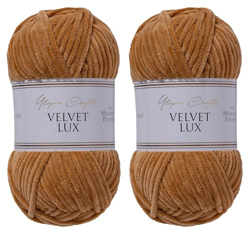 Utopia Crafts Velvet Lux Chenille Samtgarn, extra weiche dicke Wolle zum Stricken und Häkeln, 2x 100 g (Warmbraun)