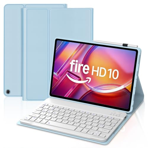 Keyboard Case for Fire HD 10/HD 10 Plus 10.1 Inch(13th/11th Generation, 2023/2021), Slim Cover with Detachable Wireless Bluetooth Keyboard for All-New Fire HD 10/HD 10 Plus 10.1 Tablet, Sky Blue
