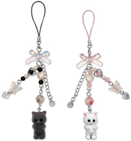 CHarmeFleur Niedliche Telefon Anhänger Fuzzy Katze Telefon Charm Ästhetik Y2K Telekordel Anhänger für Tasche