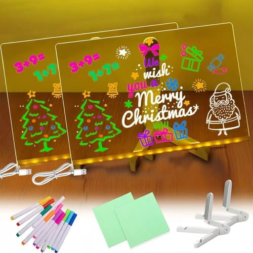 2 Stück Leuchtendes LED Zeichenbrett für Kinder, 30 * 20 CM LED Notiztafel | Mit 12 Stift & 2 Verstellbarem Ständer, Abwischbarer Acryl Transparente Maltafel Kinder Wunschstern Zeichentafel