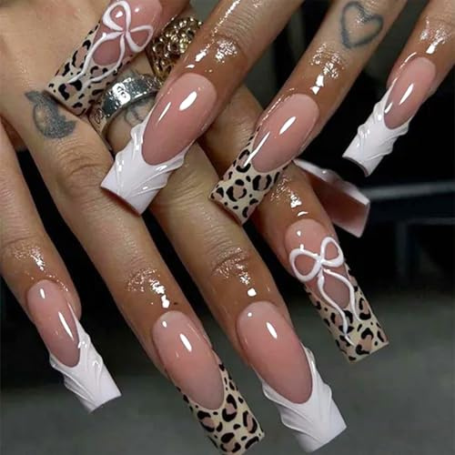 Dermalyx 24 Stück Lange Quadratische Press On Nails, Nude Rosa French Tip Künstliche Nägel, Glänzende Stick On Nägel, Falsche Nagelspitzen Leopardenmuster Schleifen