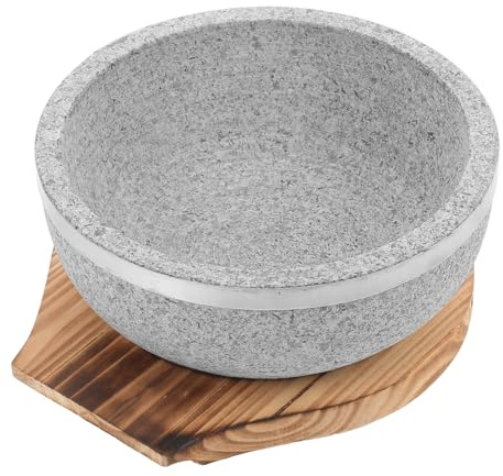 FRCOLOR Set de Bol de Service Coréen en Pierre 800ml avec Plateau en Bois Naturel, Bol Bibimbap Résistant la Chaleur, Facile à Nettoyer, Cuisine