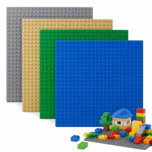 4 Pack Classic Baseplates Building Plates 10 x 10 Inch, 32 x 32 Large Stud Building Board Base Plates Compatible with All Major Brands in Green Blue Grey Yellow for Brick Layouts, Model Display