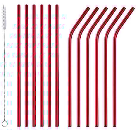Bisda Acier Inoxydable Rouge Pailles Pailles à Boire 6 Droites et 6 Courbures Métalliques Pailles avec 1 Brosse de Nettoyage pour Boissons Chaudes et Froides