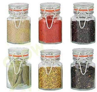 GLOW Set of 6 Glass Spice Jars – Stylish Pack of Mini Clip Top Sealed Lid Kitchen Storage Containers for Herbs Spices Seasoning Jams Preserves – Easy Clean 70ml Pots with Sticky Labels Included