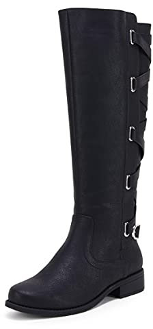 Coutgo Damen Schnürstiefel, kniehoch, Motorrad, Reiten, flach, niedriger Absatz, Riemchen, Winter, Kampfstiefel, Schwarz, 38 EU