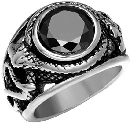 OAKKY Herren Retro Silber Eingelegt Runden Edelstein Gothic Biker Doppelt Band Schlange Ring Edelstahl Aussage Versprechen Schwarz Größe 70 (22.3)