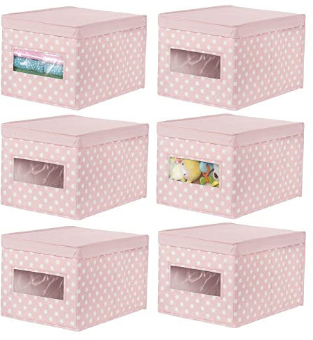 mDesign Large Soft Foldable Storage Cubes with Clear Window and Lid - Stackable Fabric Baby Nursery Organiser Boxes - Wardrobe, Toy, and Blanket Storage - Lido Collection - 6 Pack - Pink/White Polka