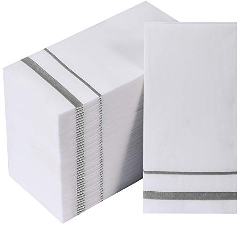 Einweg-Gästehandtücher mit Leinen-Feeling-Papierhandtücher, dekorative Badservietten für Küche, Partys, Hochzeiten, Abendessen oder Veranstaltungen, Weiß und Silber, 200 Stück