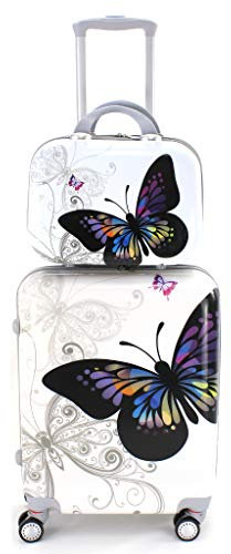 Maleta de Cabina con Neceser Trolley de Viaje Equipaje de Mano 4 Ruedas giratorias 360grados Dibujos Fantasia Paisaje (Mariposa Blanco)