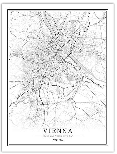 Leinwand Bild, Österreich Wien Stadtplan Schwarz Weiß Einfache Minimalistische Kunst Wandplakat Rahmen Weniger Bild, Moderne Vertikale Malerei Cafe Office Home Decor,70 * 100cm