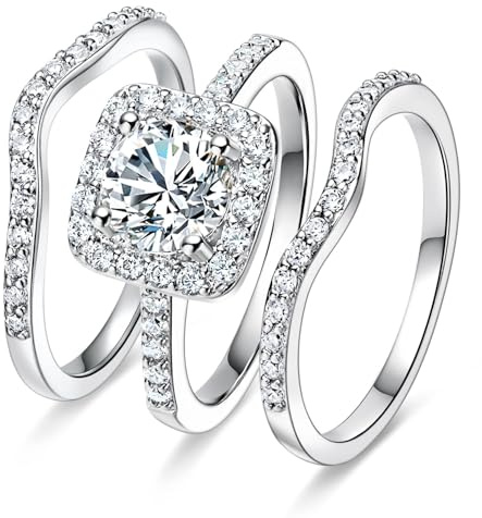 MDFUN 18K White Gold Plated Cubic Zirconia Three-in-One Halo Wedding Engagement Promise Eternity Ring for Women (8)