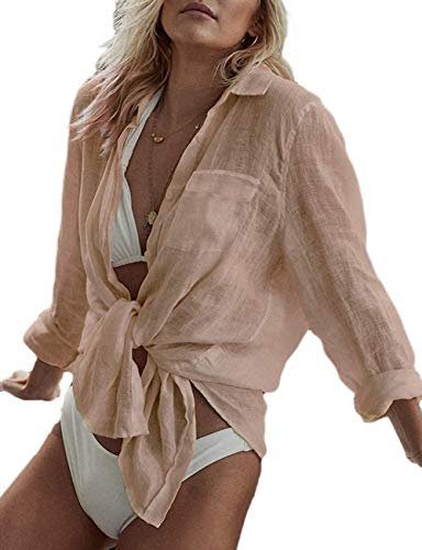 Bsubseach Long Sleeve Beach Shirt Blouses Women Turn Down Collar Bikini Bathing Suit Cover Ups Swimwear Apricot