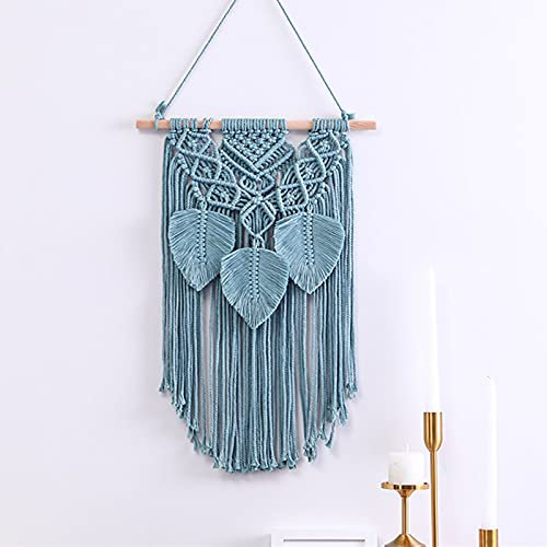 LT&NT Makramee Wandbehang Boho Dekor,Baumwolle Handgemacht Wanddeko Wandteppich Hängende Wand-Dekor,Feder Gewebter Wandteppich,Böhmischen Makramee Dekor Geometrisch-Blau 35x60cm