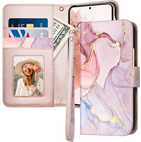 Fingic for Samsung S22 Case,Samsung Galaxy S22 Case Wallet Marble Rose Gold Leather Girls Women Magnetic Closure Kickstand Shockproof PC Bumper Card Holder Protective Cover for Samsung S22,6.1'',2022