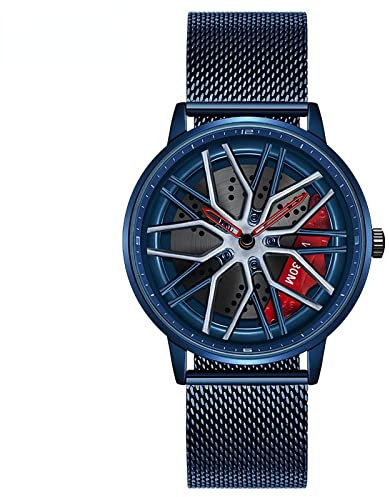 RWXCOW Auto Rad Felgen Nabenuhr - Hohl wasserdicht Sport Uhr für Herren Geschenke Armbanduhren, wasserdichte Edelstahl Armbanduhr, wasserdichte Edelstahl Armbanduhr.GürtelausStahlgewebe(Blau)