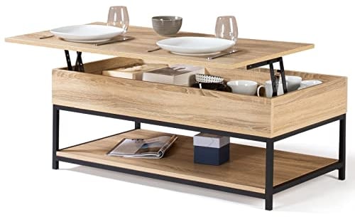 IDMarket - Couchtisch mit aufklappbarer Platte, rechteckig, Detroit und Ablage unten, Industriedesign
