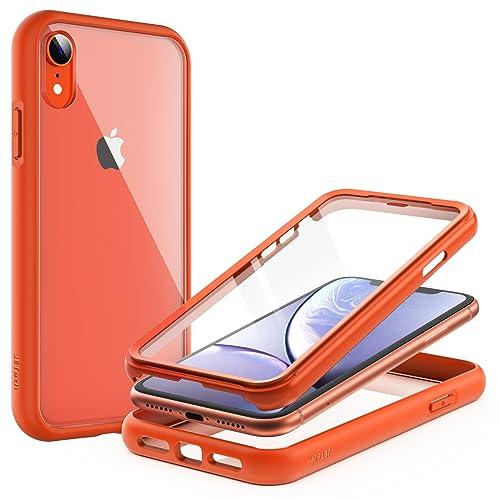 JETech Hülle für iPhone XR 6,1 Zoll mit Eingebautem Anti-Kratzer Schutzfolie, 360 Grad Ganzkörper Robuste Handyabdeckung Transparente Rückseite (Koralle)