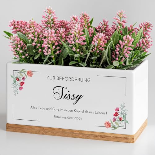 Maverton Keramik Übertopf mit Aufdruck + Untersetzer aus Bambusholz | Rechteckig, Dekotopf für Frauen, Kräutertopf Küchen Deko, zum Einzug, personalisiert, Weiß, Adonisröschen
