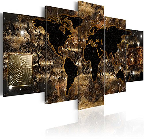B&D XXL - Wandbilder XXL Weltkarte 150x75cm 5 tlg - Wand Deko Leinwand Bilder Groß Wanddeko Wohnzimmer Schlafzimmer Kunstdrucke - Landkarte World Map Kontinente schwarz braun